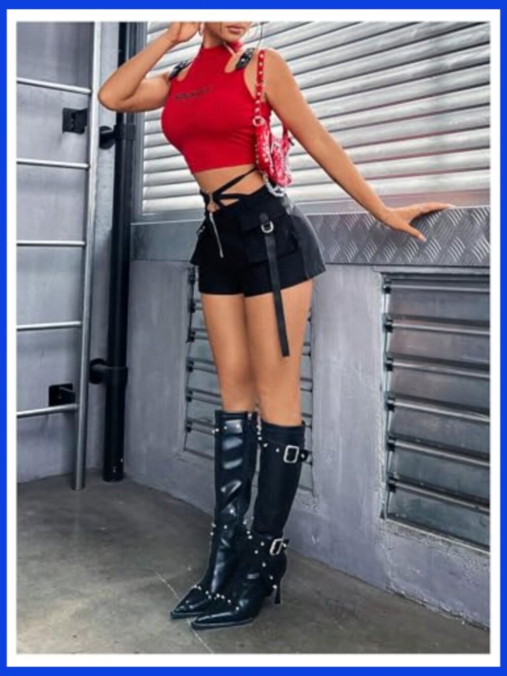 Y2K Buckle Strap Crop Tank Letter Print Sleeveless Ribbed Knit Clubwear Top - Picture 4 of 5